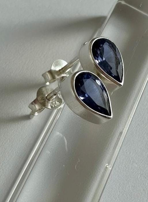 Natural Iolite Teardrop Stud Earrings, 925 Sterling Silver Blue Violet Gemstone