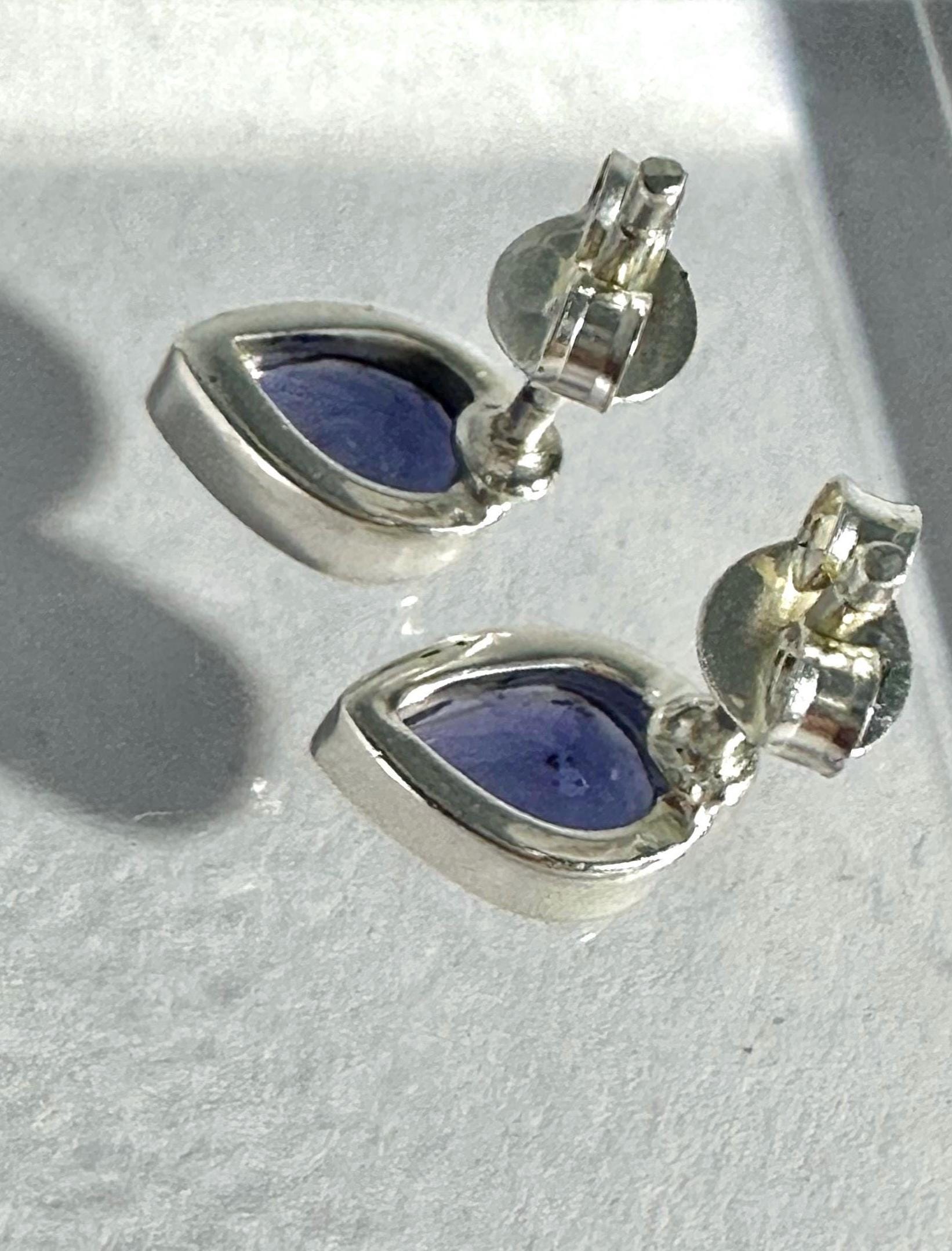 Natural Iolite Teardrop Stud Earrings, 925 Sterling Silver Blue Violet Gemstone