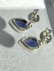 Natural Iolite Teardrop Stud Earrings, 925 Sterling Silver Blue Violet Gemstone