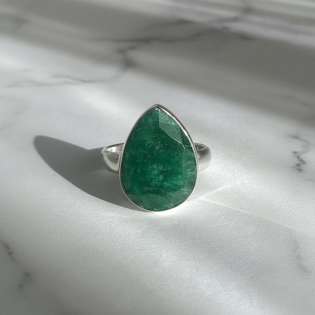 Raw Emerald Green Statement Ring, Large Faceted Teardrop Stone, Sterling Silver Bold Jewellery