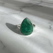 Raw Emerald Green Statement Ring, Large Faceted Teardrop Stone, Sterling Silver Bold Jewellery
