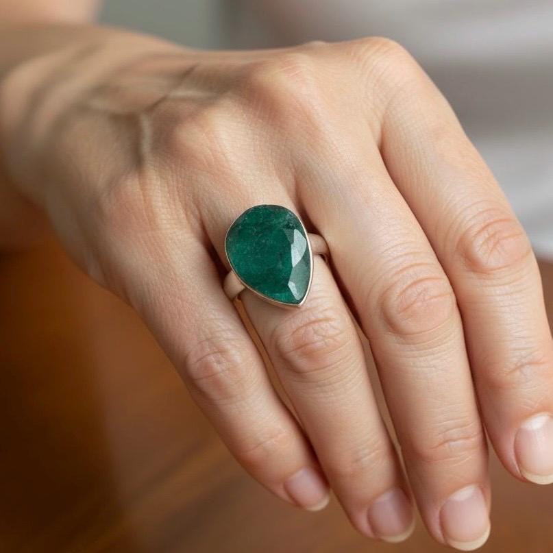 Raw Emerald Green Statement Ring, Large Faceted Teardrop Stone, Sterling Silver Bold Jewellery