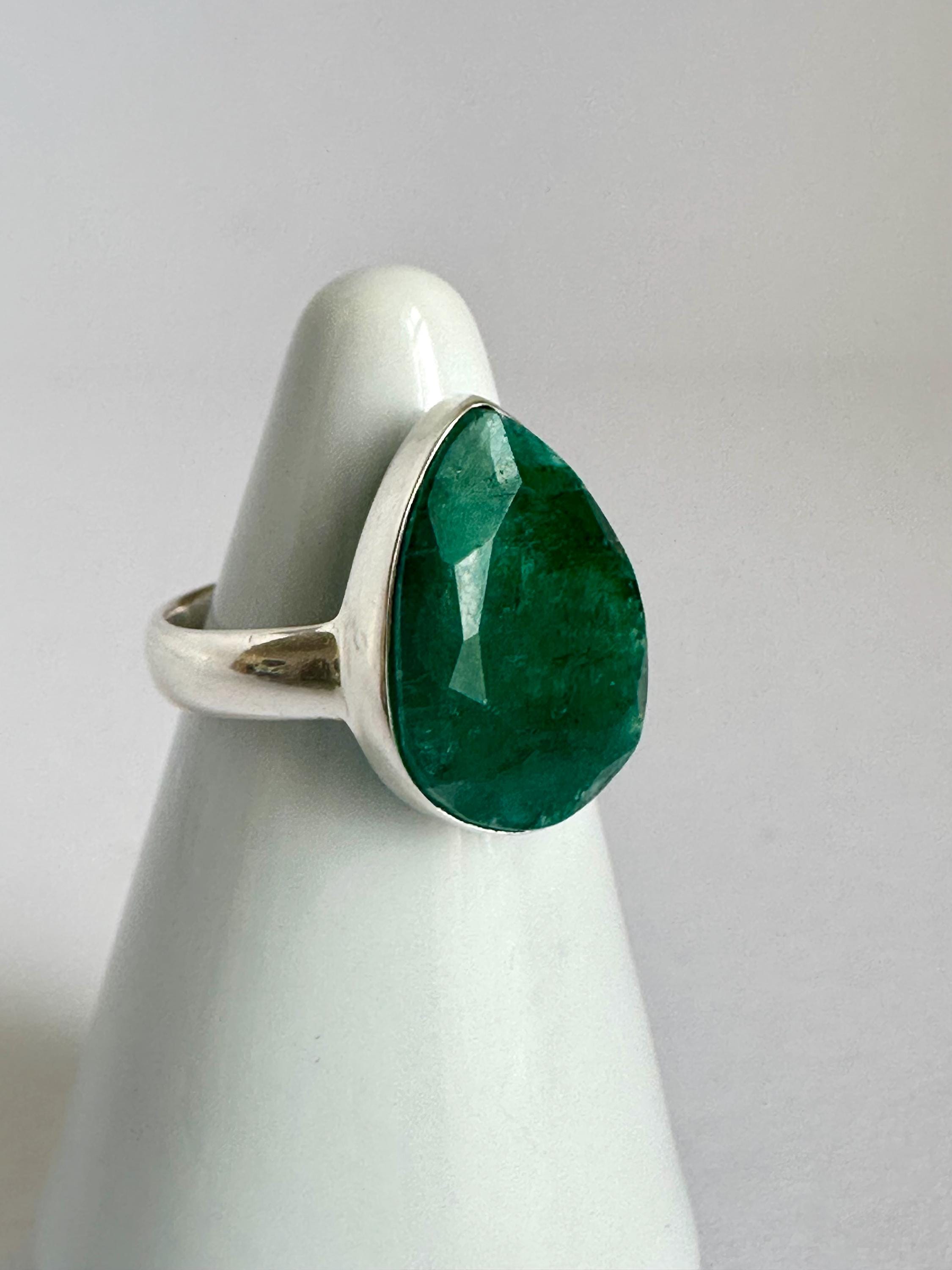 Raw Emerald Green Statement Ring, Large Faceted Teardrop Stone, Sterling Silver Bold Jewellery