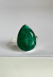 Raw Emerald Green Statement Ring, Large Faceted Teardrop Stone, Sterling Silver Bold Jewellery
