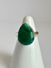 Raw Emerald Green Statement Ring, Large Faceted Teardrop Stone, Sterling Silver Bold Jewellery