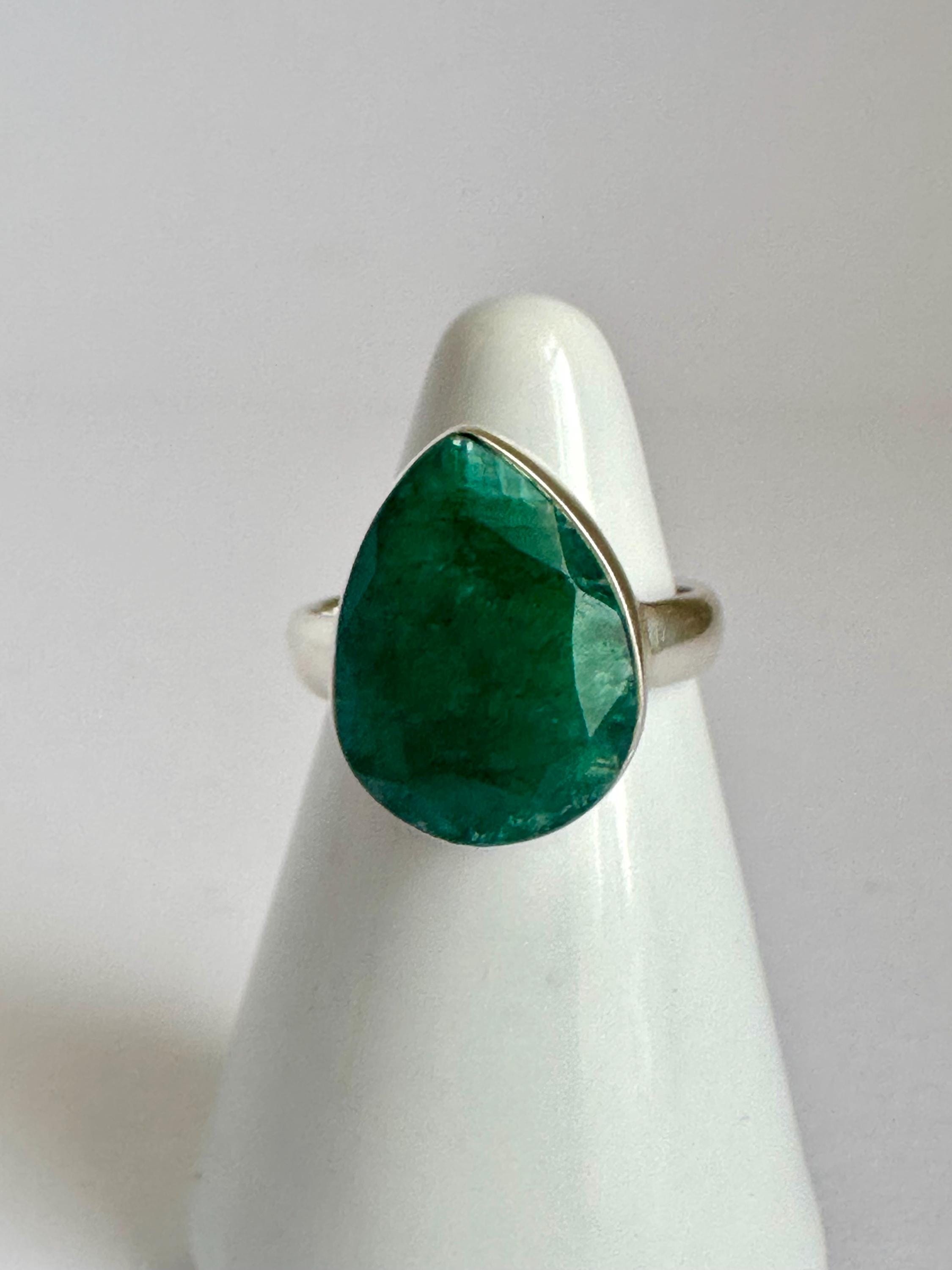 Raw Emerald Green Statement Ring, Large Faceted Teardrop Stone, Sterling Silver Bold Jewellery