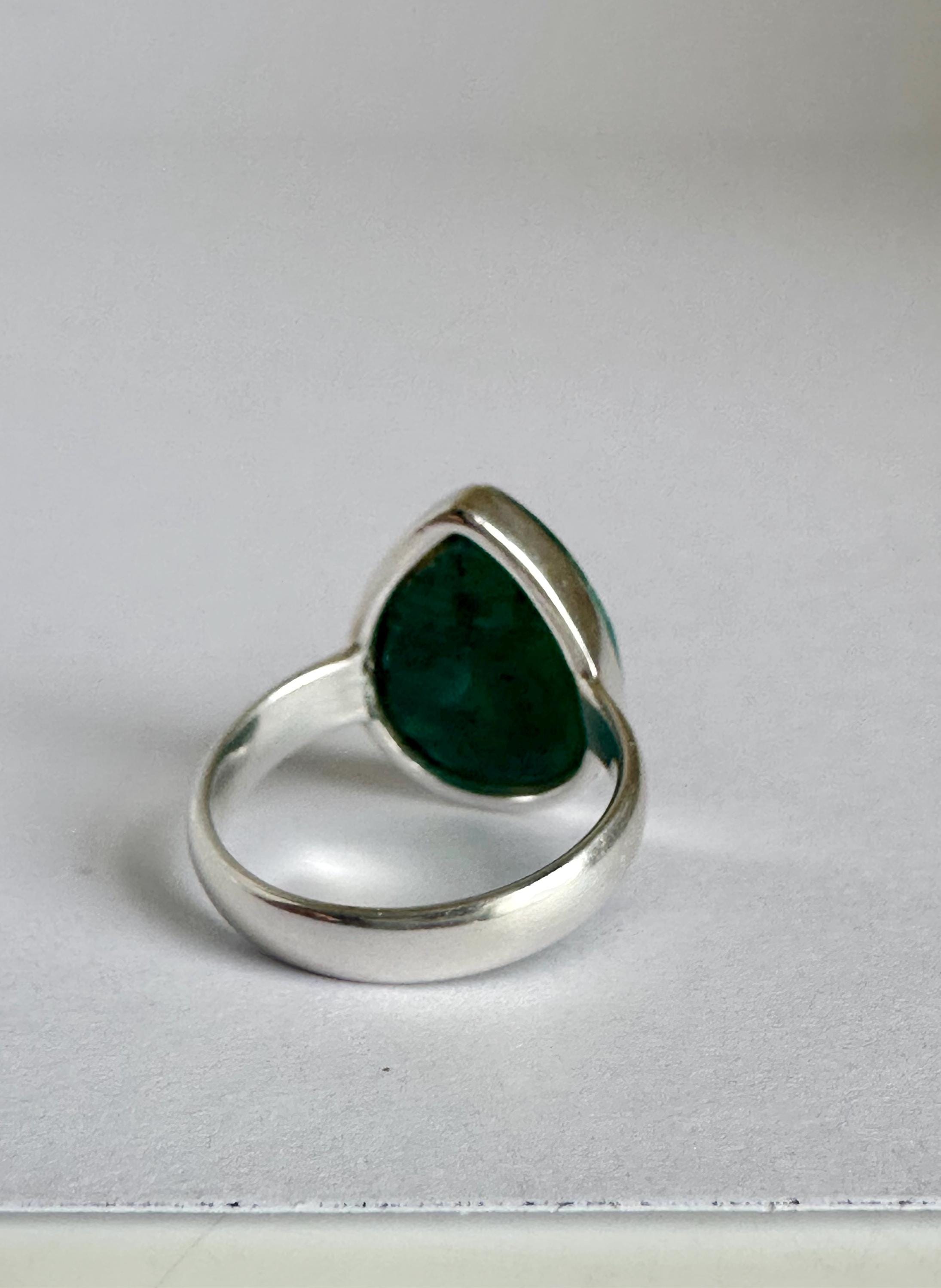 Raw Emerald Green Statement Ring, Large Faceted Teardrop Stone, Sterling Silver Bold Jewellery