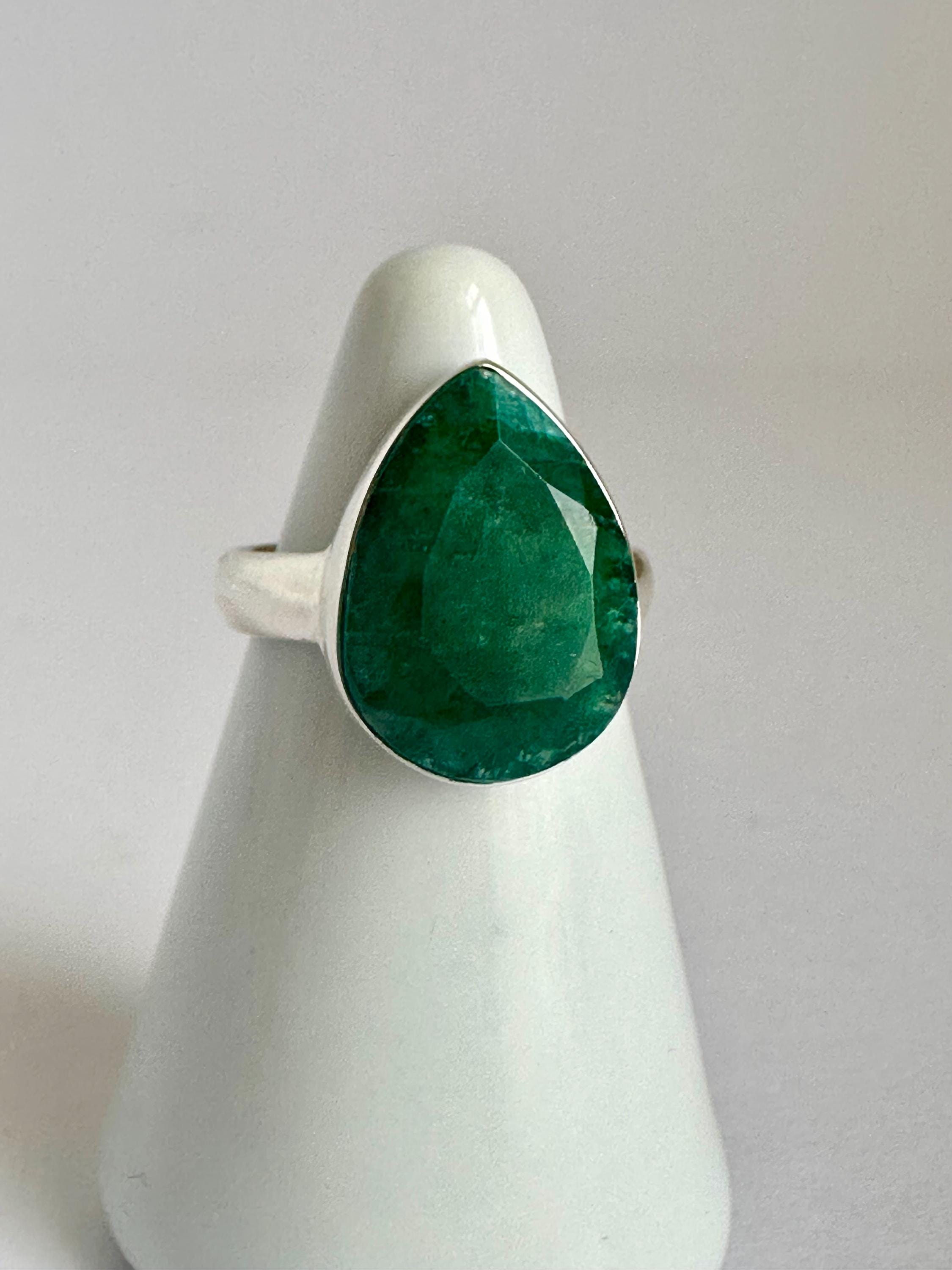 Raw Emerald Green Statement Ring, Large Faceted Teardrop Stone, Sterling Silver Bold Jewellery