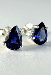 Natural Iolite Teardrop Stud Earrings, 925 Sterling Silver Blue Violet Gemstone