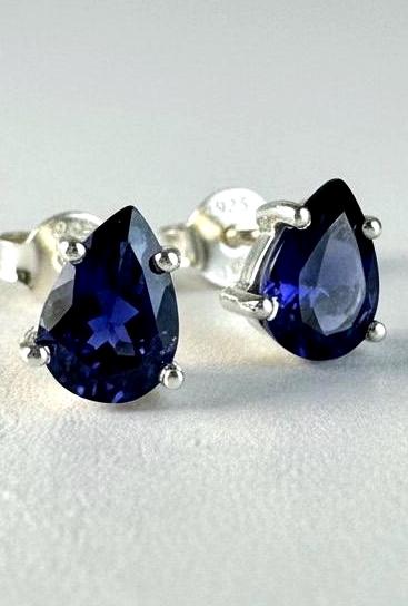 Natural Iolite Teardrop Stud Earrings, 925 Sterling Silver Blue Violet Gemstone