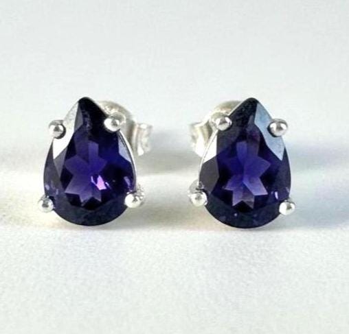 Natural Iolite Teardrop Stud Earrings, 925 Sterling Silver Blue Violet Gemstone