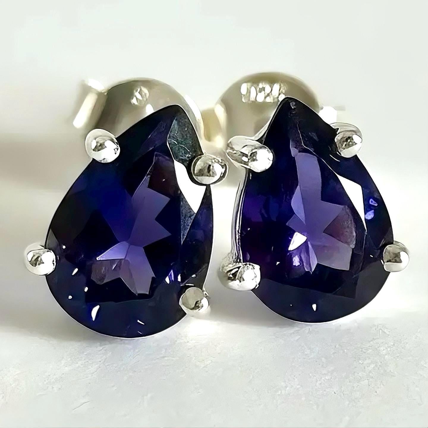 Natural Iolite Teardrop Stud Earrings, 925 Sterling Silver Blue Violet Gemstone