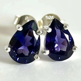 Natural Iolite Teardrop Stud Earrings, 925 Sterling Silver Blue Violet Gemstone