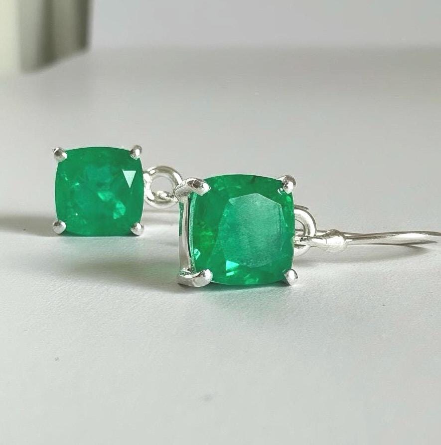 Emerald Green Quartz Earrings Sterling Silver Dangle Drop