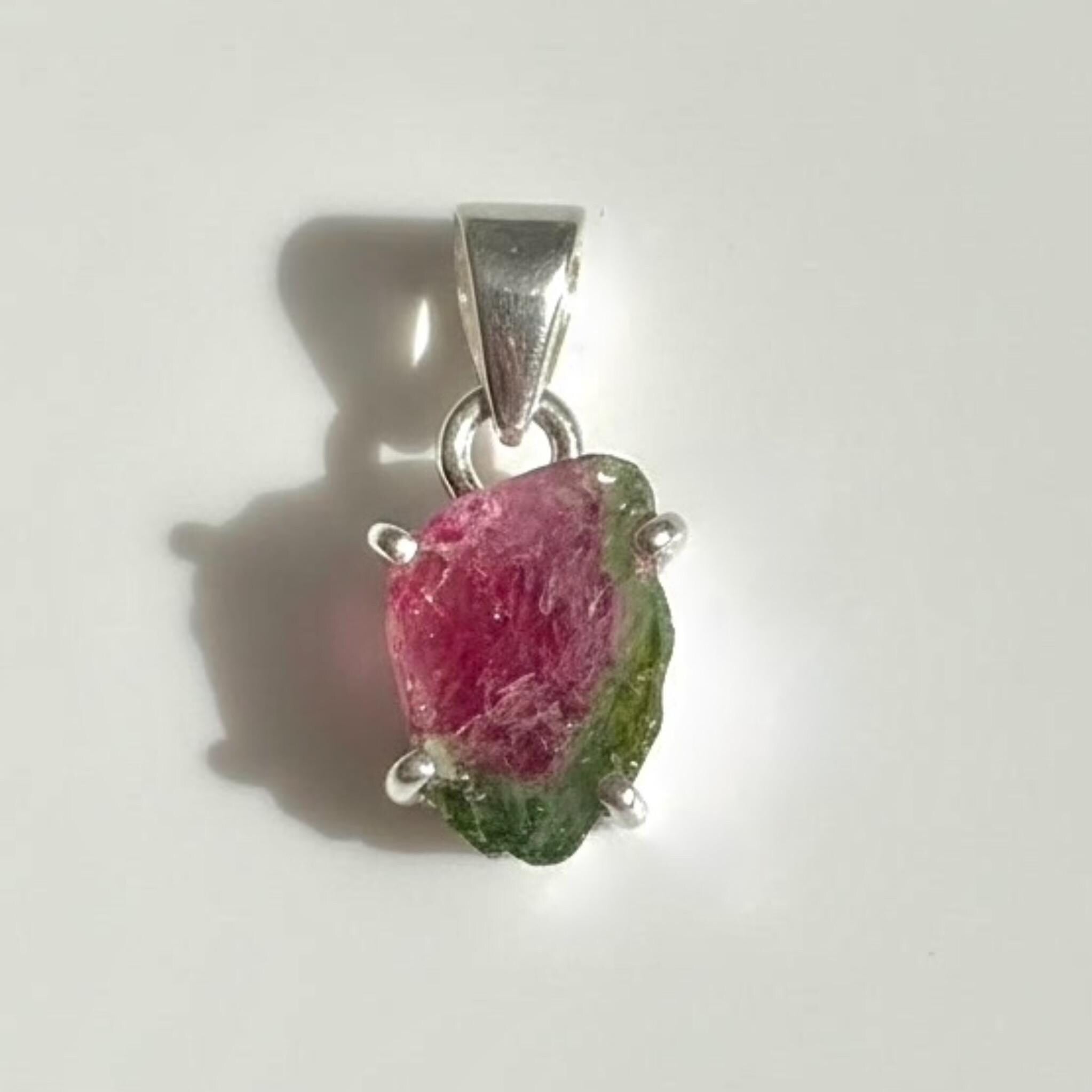 Watermelon Tourmaline Pendant • Natural Pink-Green Slice • 925 Silver • Small Raw Gem Necklace • 21 mm
