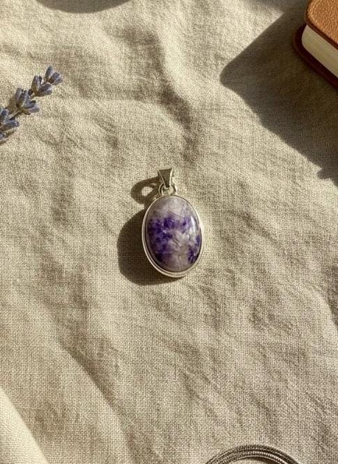 Blue John Oval Sterling Silver Pendant, Derbyshire Spar
