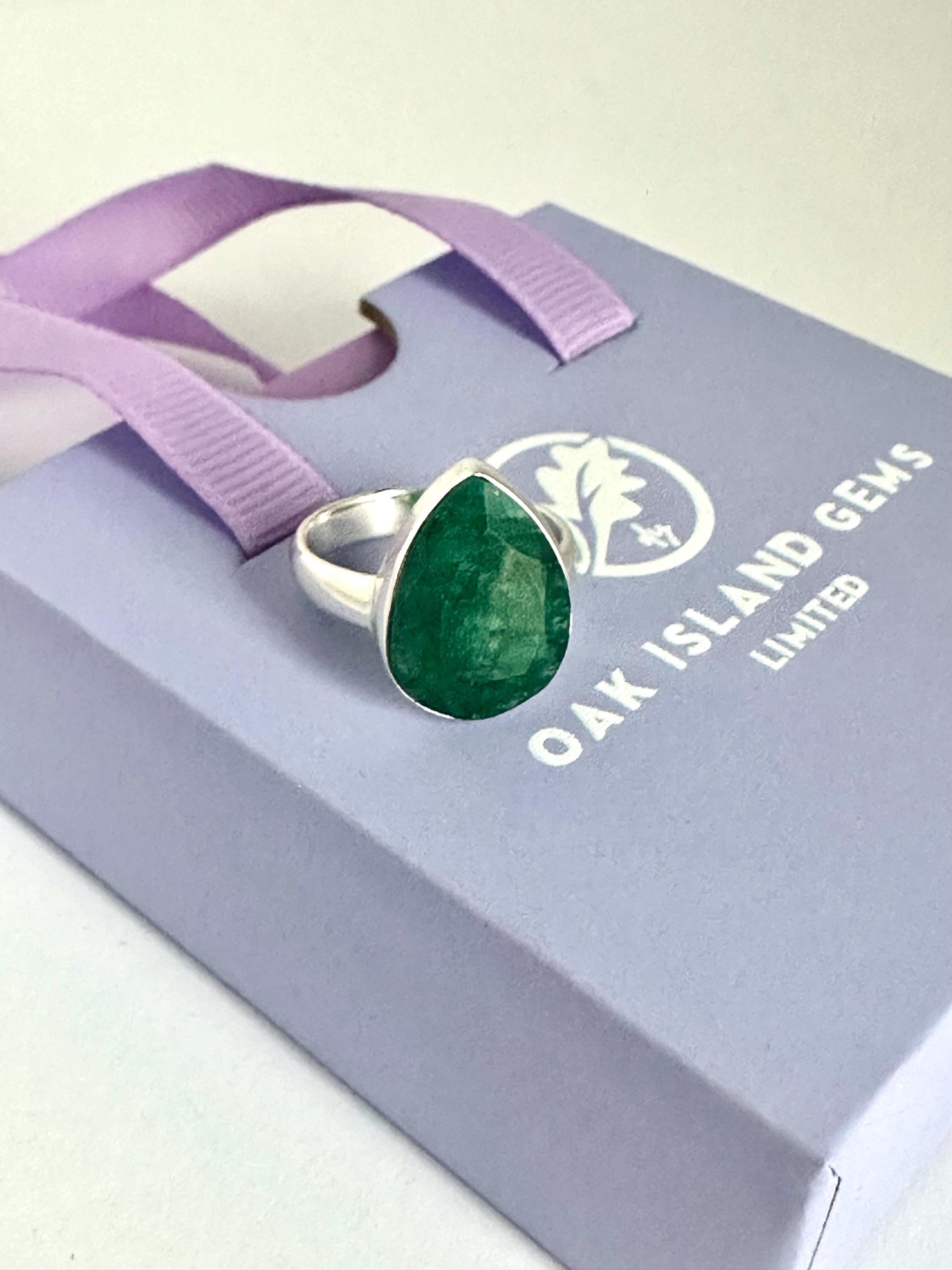 Raw Emerald Green Statement Ring, Large Faceted Teardrop Stone, Sterling Silver Bold Jewellery