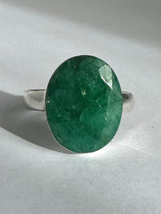 Raw Emerald Green Statement Ring, Large Faceted Oval Stone, Sterling Silver Bold Jewellery