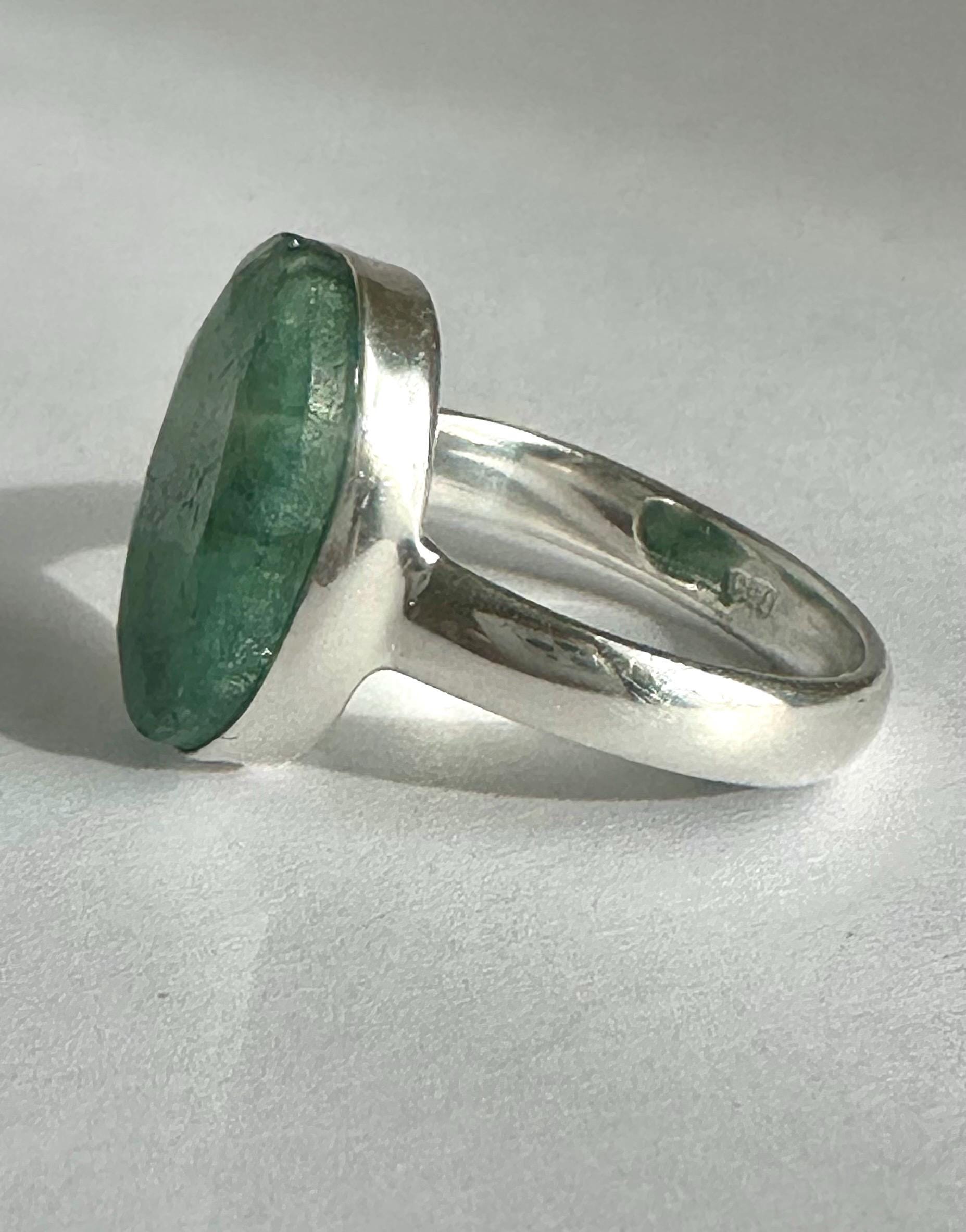 Raw Emerald Green Statement Ring, Large Faceted Oval Stone, Sterling Silver Bold Jewellery