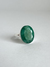 Raw Emerald Green Statement Ring, Large Faceted Oval Stone, Sterling Silver Bold Jewellery