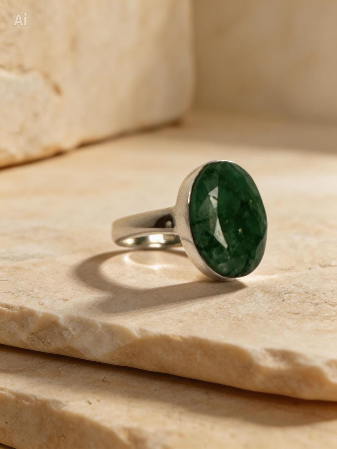 Raw Emerald Green Statement Ring, Large Faceted Oval Stone, Sterling Silver Bold Jewellery