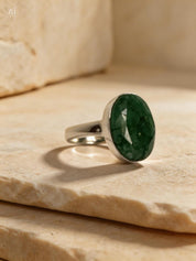 Raw Emerald Green Statement Ring, Large Faceted Oval Stone, Sterling Silver Bold Jewellery