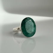 Raw Emerald Green Statement Ring, Large Faceted Oval Stone, Sterling Silver Bold Jewellery