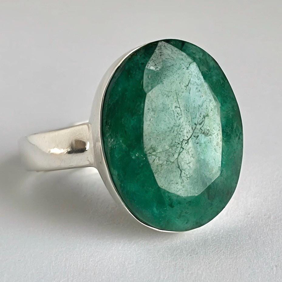 Raw Emerald Green Statement Ring, Large Faceted Oval Stone, Sterling Silver Bold Jewellery