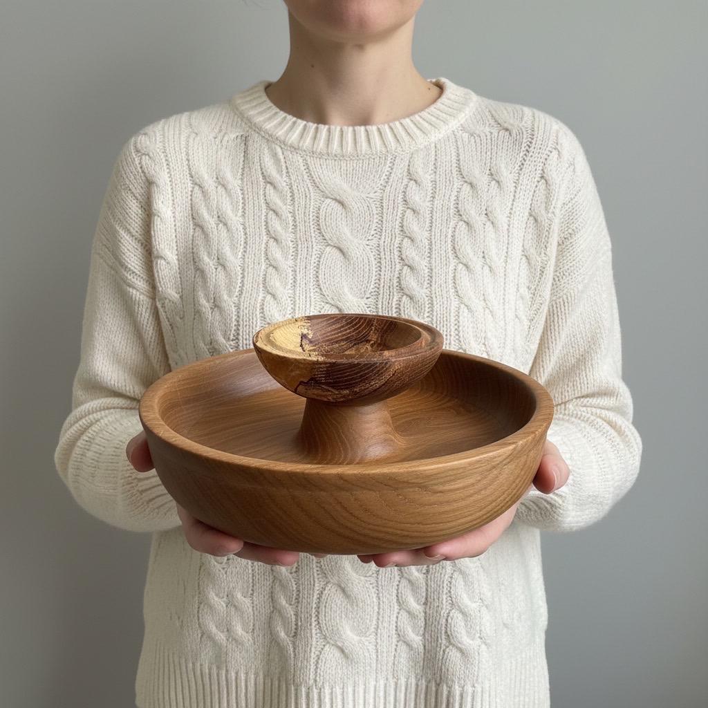 Large Solid Oak Pedestal Bowl Handmade Wooden Decorative Centrepiece