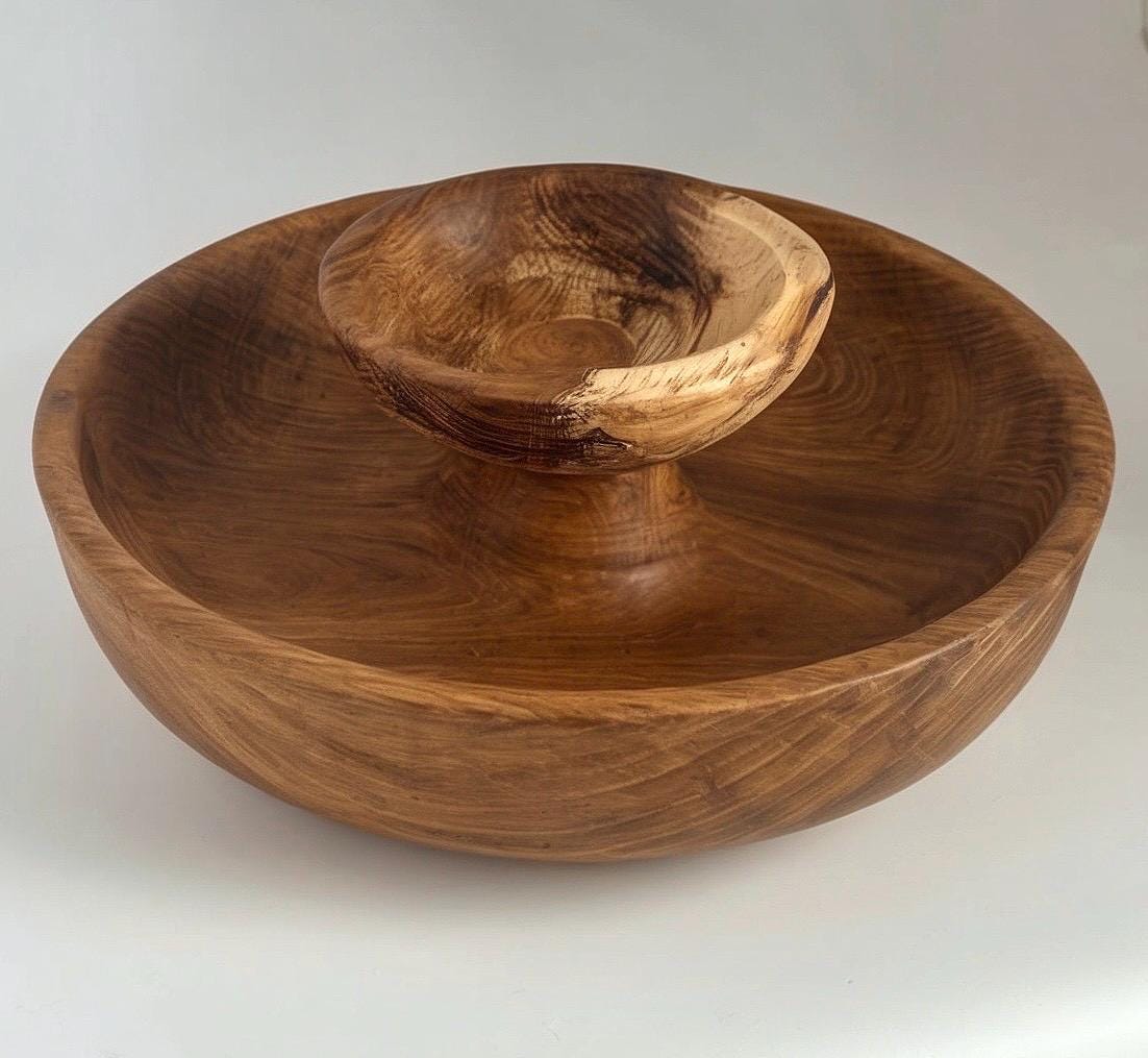 Large Solid Oak Pedestal Bowl Handmade Wooden Decorative Centrepiece