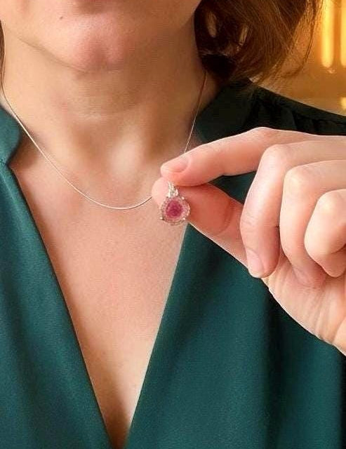Watermelon Tourmaline Pendant, Sterling Silver Slice Gemstone Necklace, Raw Jewelry UK