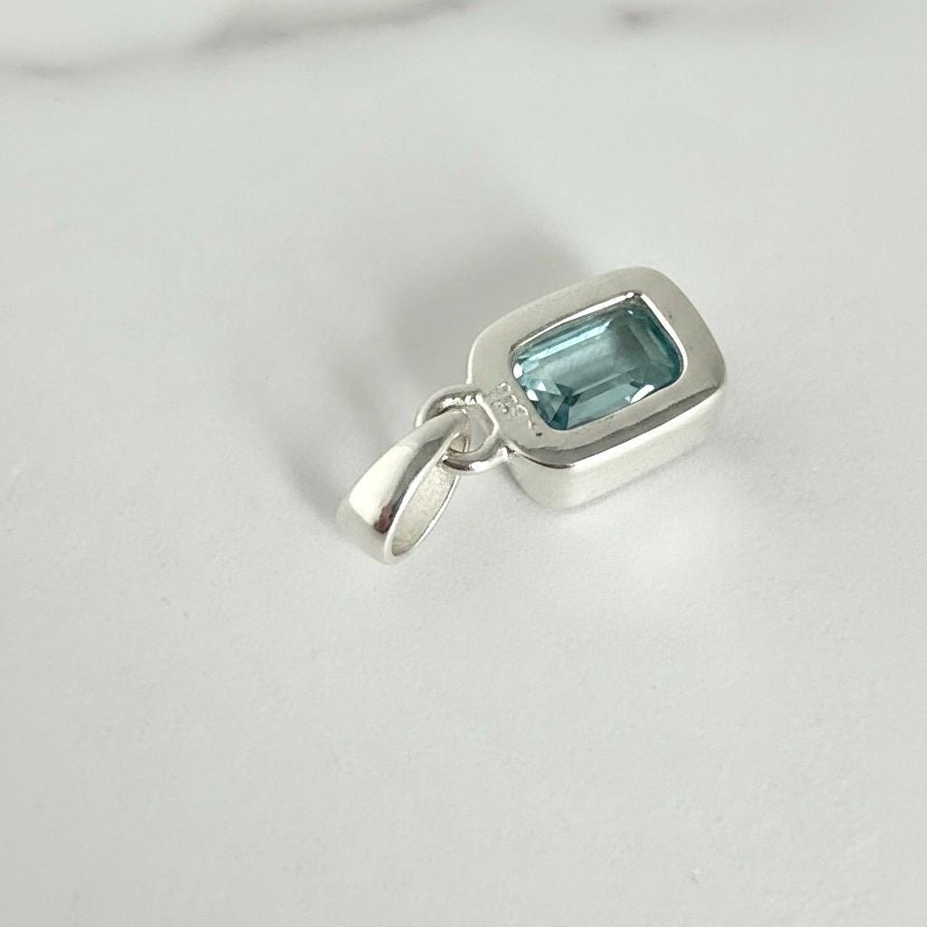 Emerald Cut Faceted Natural Aquamarine Sterling Silver Pendant