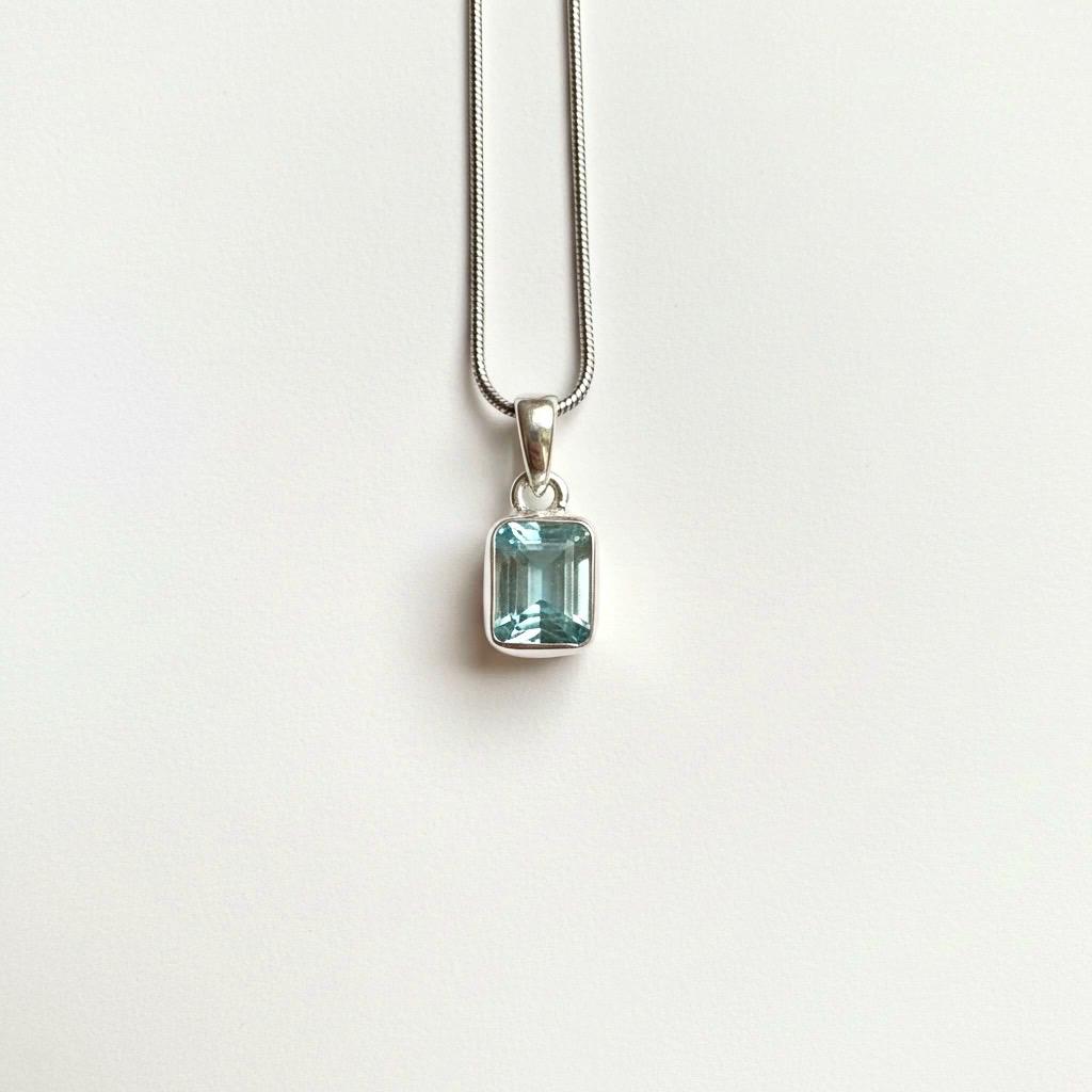 Emerald Cut Faceted Natural Aquamarine Sterling Silver Pendant
