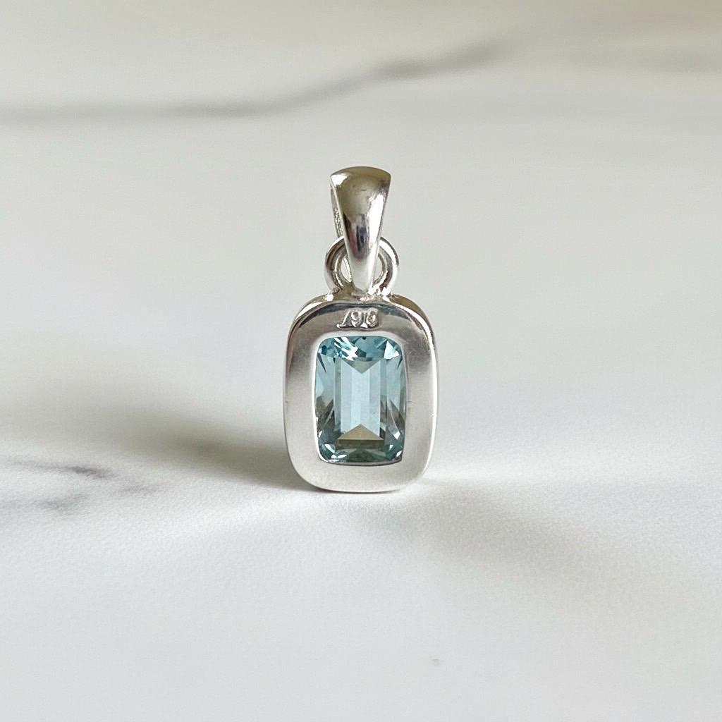 Emerald Cut Faceted Natural Aquamarine Sterling Silver Pendant
