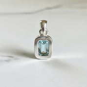 Emerald Cut Faceted Natural Aquamarine Sterling Silver Pendant