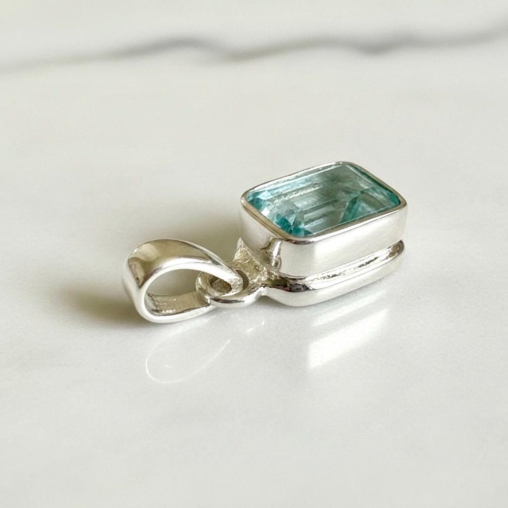 Emerald Cut Faceted Natural Aquamarine Sterling Silver Pendant