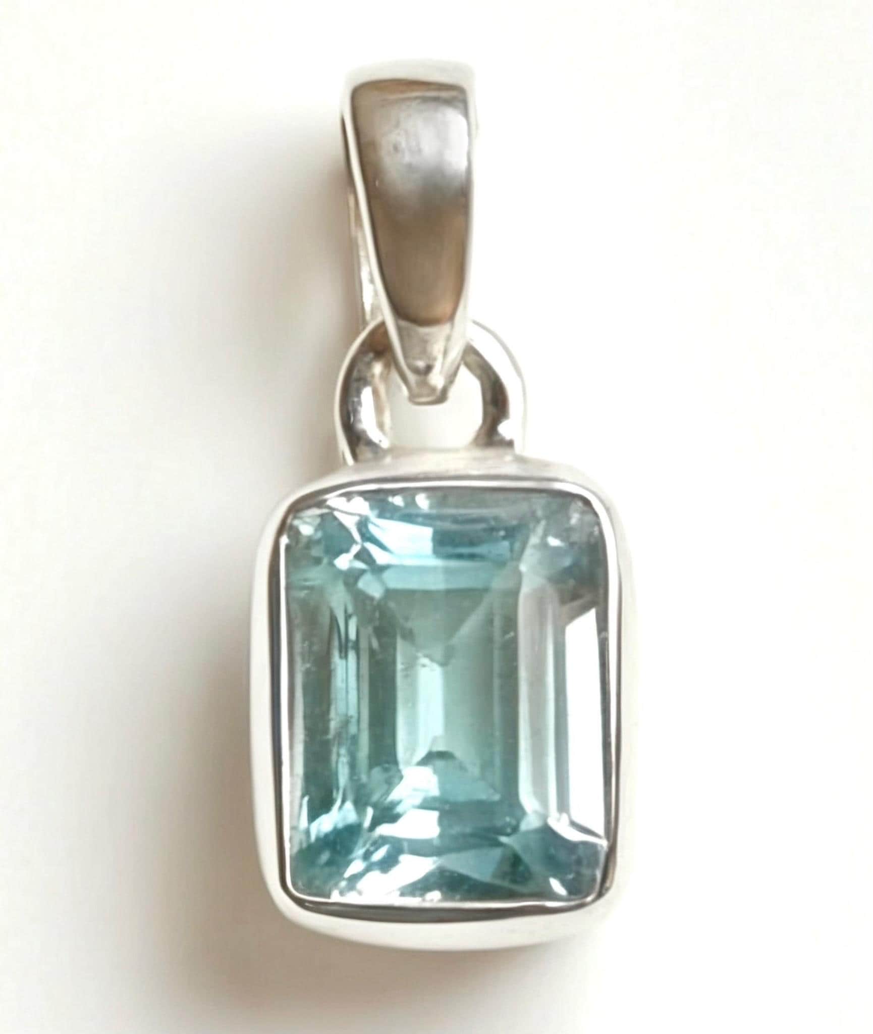 Emerald Cut Faceted Natural Aquamarine Sterling Silver Pendant