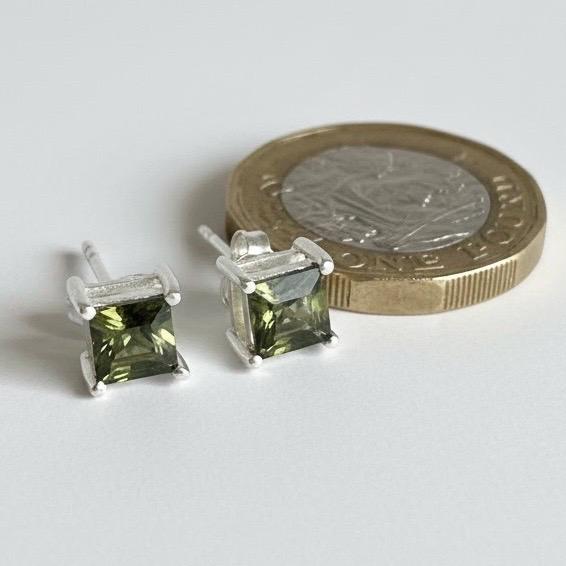 Faceted Moldavite Stud Earrings, Sterling Silver, Czech Gemstone, Minimalist Studs