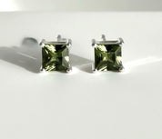 Faceted moldavite stud earrings sterling silver Czech tektite gemstone minimalist UK