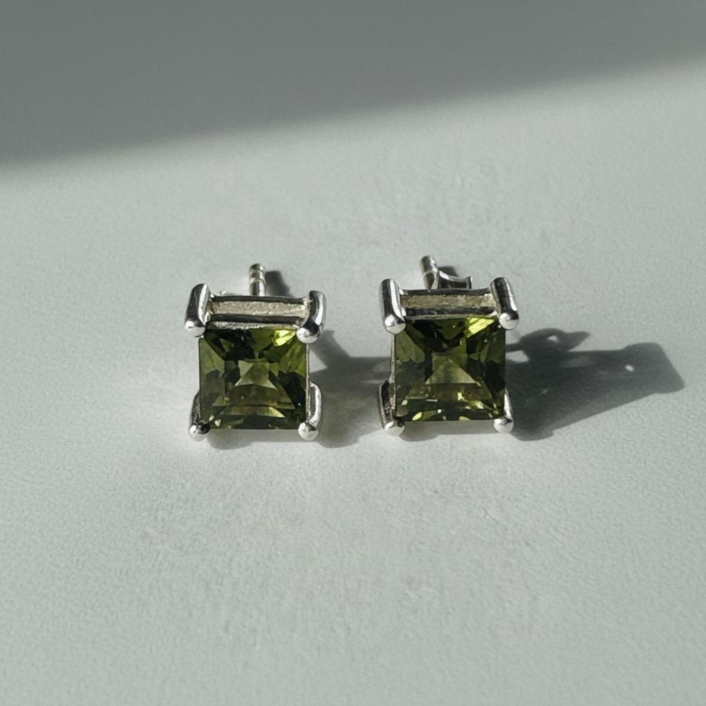 Faceted Moldavite Stud Earrings, Sterling Silver, Czech Gemstone, Minimalist Studs