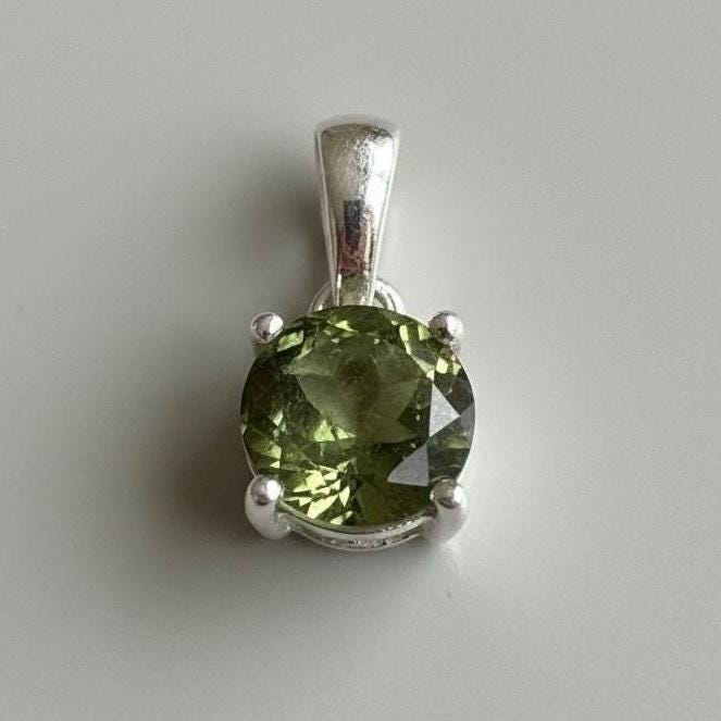 Certified Natural Moldavite 0.60ct Round • 925 Silver Pendant (4-Prong) • Copy of Lab Report Included