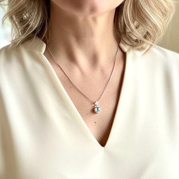 Round Cut Faceted Natural Aquamarine Sterling Silver Pendant