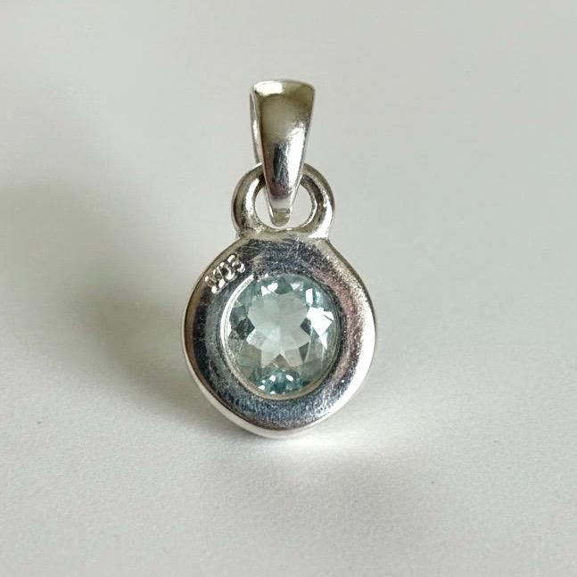 Round Cut Faceted Natural Aquamarine Sterling Silver Pendant