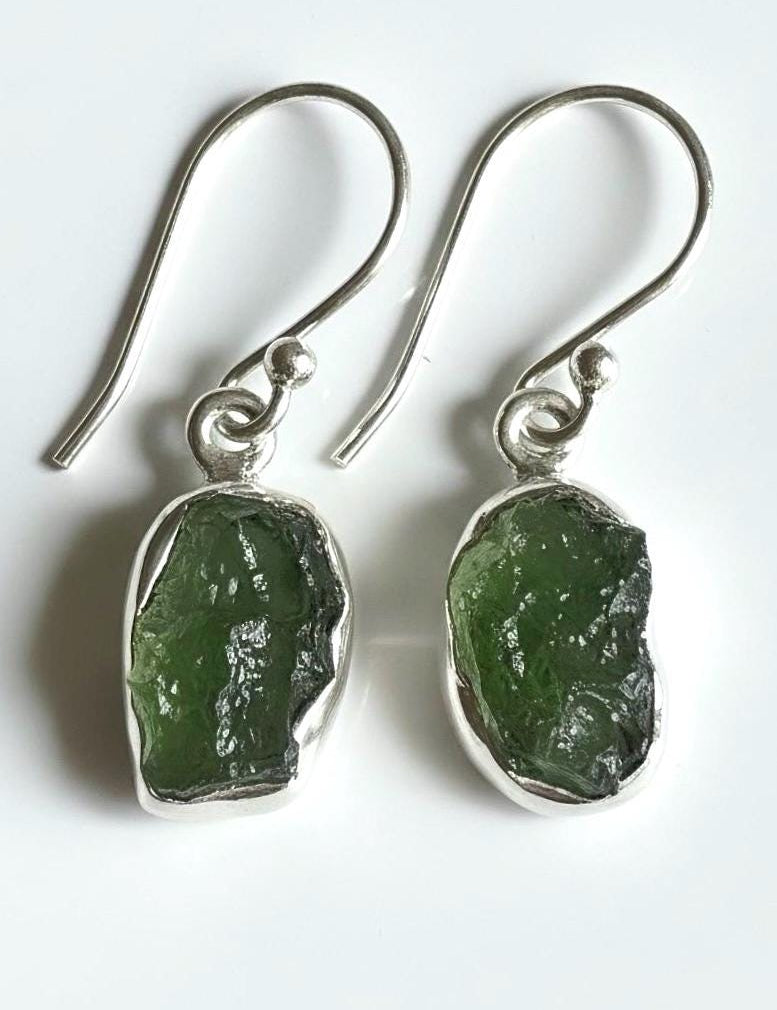 Natural moldavite dangle earrings 925 sterling silver Czech tektite rare gemstone UK