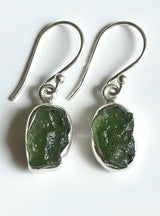 Raw Moldavite Earrings | Sterling Silver Bezel, Uncut Czech Gemstone Drops