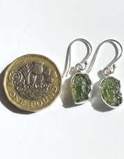 Natural Moldavite Dangle Earrings, Uncut 12mm x 8mm Sterling Silver, Handmade UK