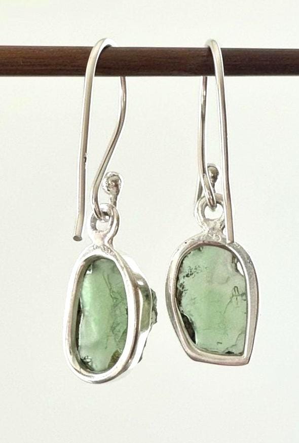 Natural Moldavite Dangle Earrings, Uncut 12mm x 8mm Sterling Silver, Handmade UK