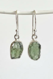 Natural Moldavite Dangle Earrings, Uncut 12mm x 8mm Sterling Silver, Handmade UK
