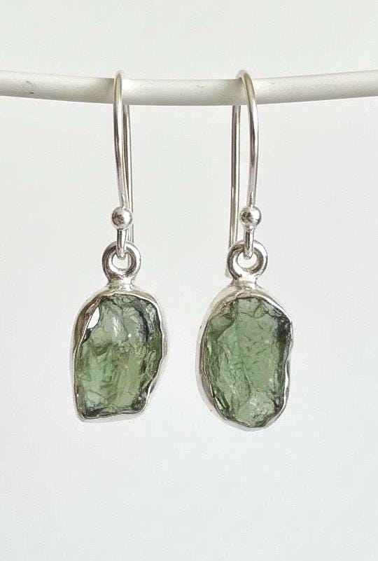 Natural Moldavite Dangle Earrings, Uncut 12mm x 8mm Sterling Silver, Handmade UK