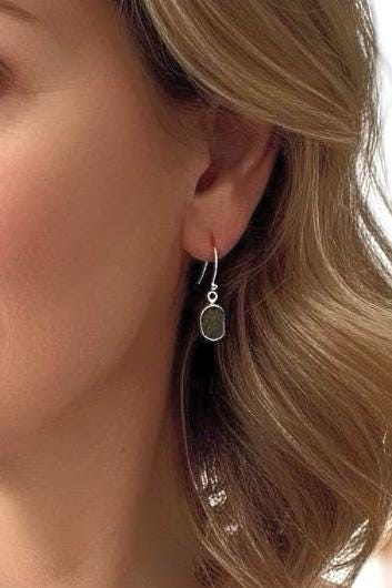 Natural Moldavite Dangle Earrings, Uncut 12mm x 8mm Sterling Silver, Handmade UK